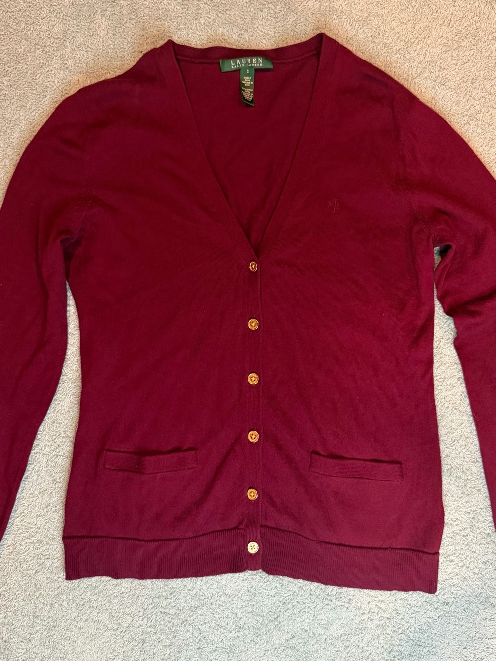 Lauren Ralph Lauren Burgundy Red V-Neck Button Cardigan Sweater Small Preppy
